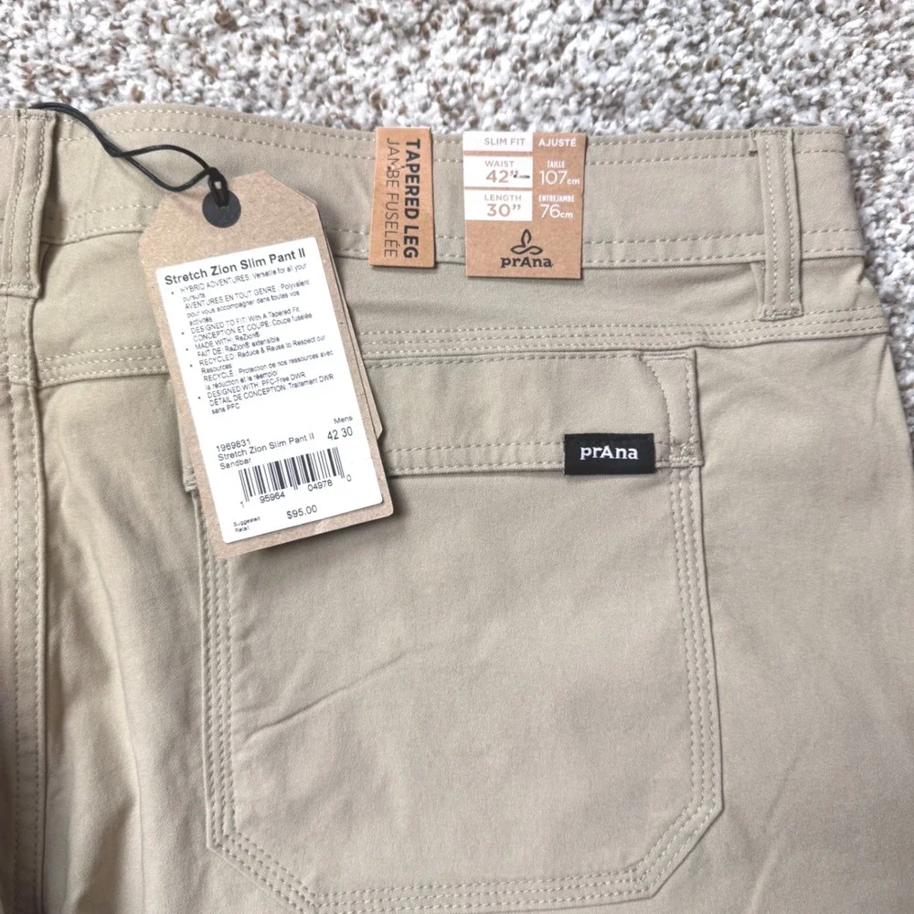 PrAna Stretch Zion Slim Pant II Men's 42x30 Khaki Tapered Leg Hiking Outdoor New